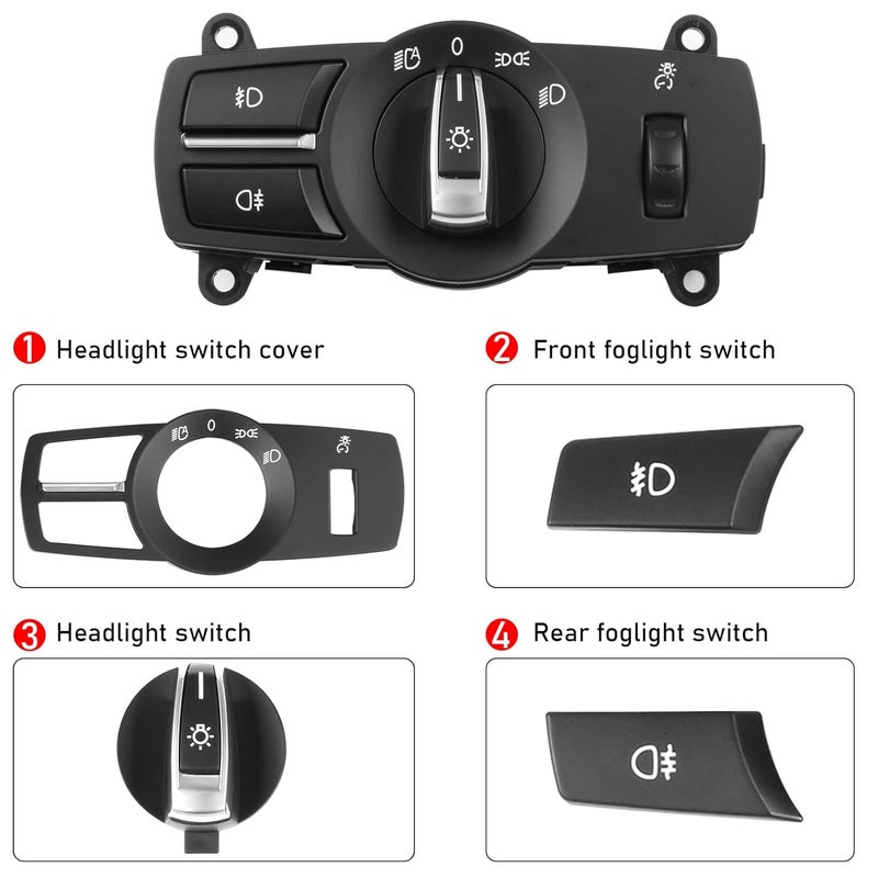 Jaronx Compatible with BMW Headlight Control Switch Set for 5 F10,6 F12,7 F01,X3 F25,X4 F26,4PCS Headlight Switch Button Panel Knob Control Cover Frame Kit Foglight Button - Image 5